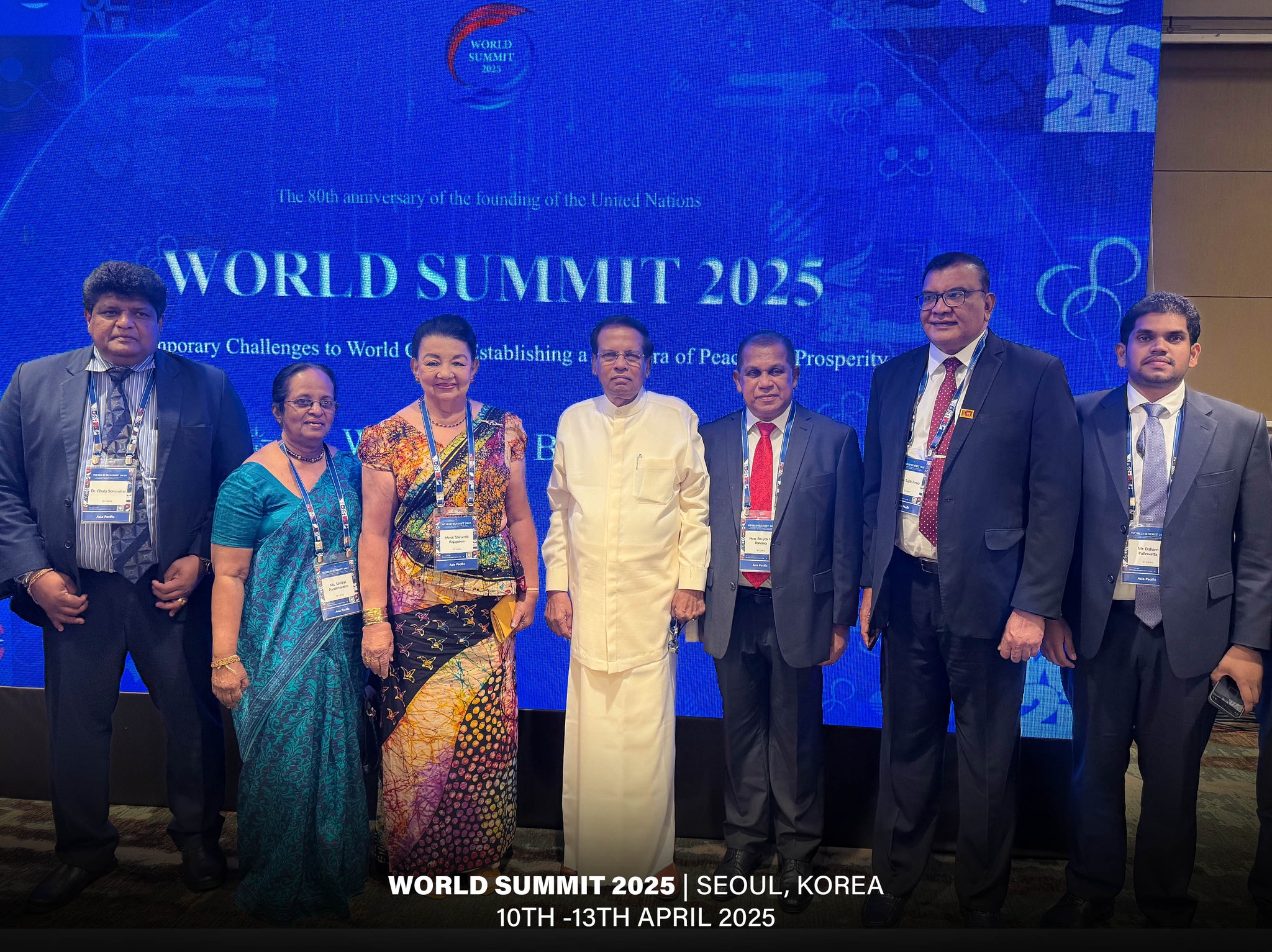 May be an image of 7 people, dais and text that says 'ENEMEI ftianaiat foundinga WORLDSU WORLDSUMMIT 2025 nporary Chailenges to World stablishinga ra of Pcac Prosperity WORLD SUMMIT 2025 SEOUL, KOREA 10TH -13TH APRIL 2025'