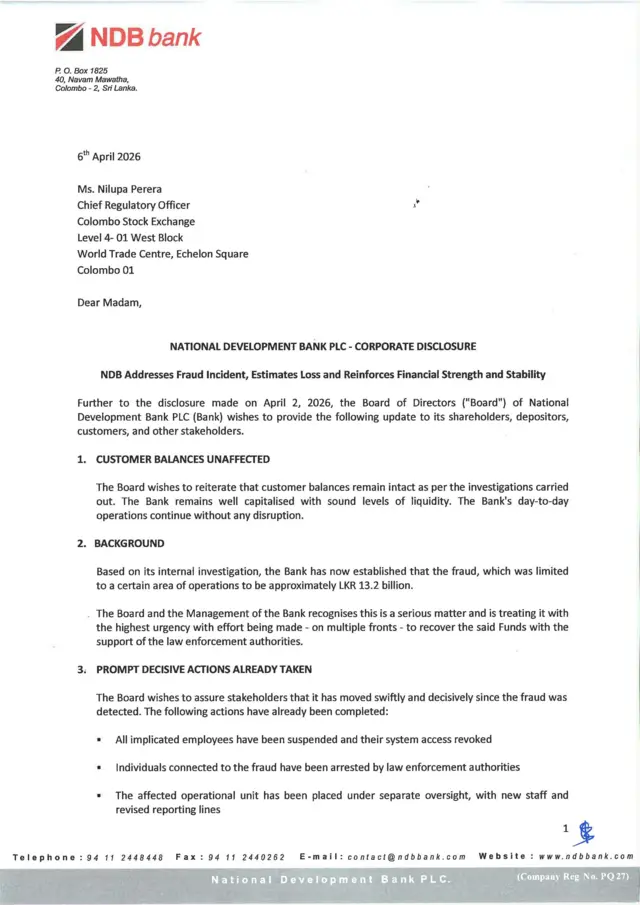 NDB බැංකුව 2026 අප්‍රේල් 6 වන දා කොළඹ කොටස් වෙළෙඳපොළ වෙත නිකුත් කළ ලිපියේ පළමු පිටුව
